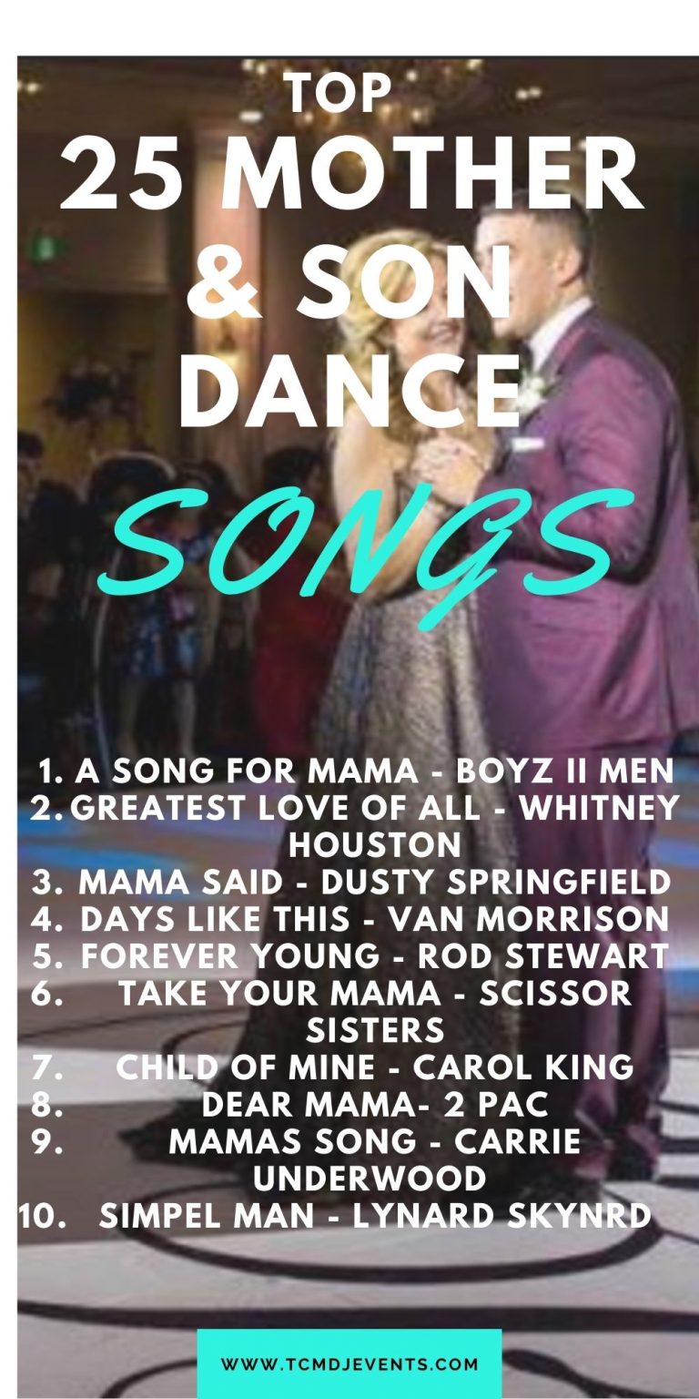 Mother & son dancing at wedding with a list of 10 songs