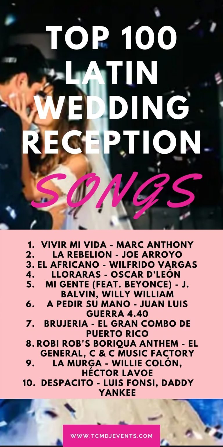 list of 10 latin songs with bride & groom in the background
